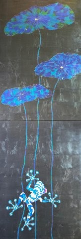 Takashi Seto,  Late at Night: Waiting, 2026, 200×70cm,  lacquer, silver leaf on silk mounted on wood panel (Manori Yuzen Dyeing, Nunome Shippaku)